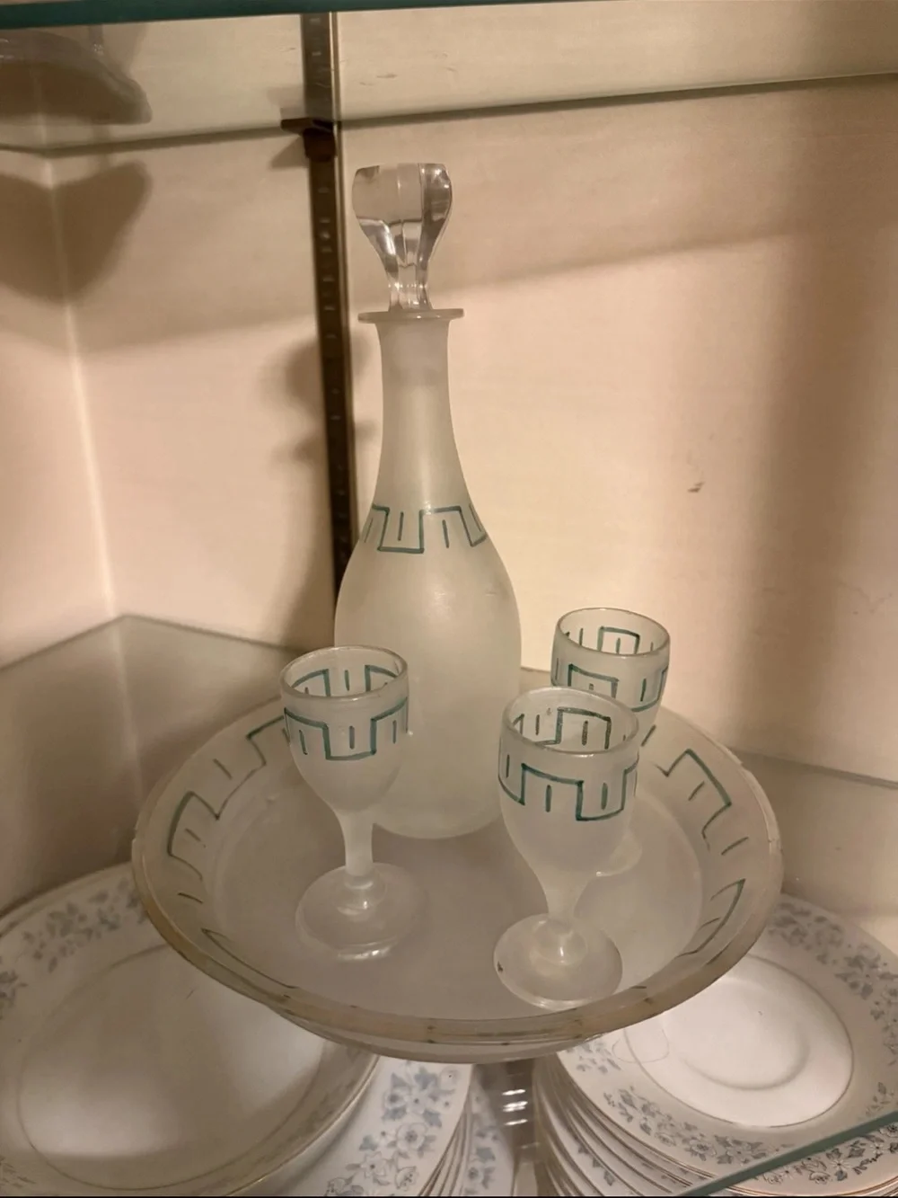 Vintage Frosted Glass Decanter Set Greek Key Tray & 3 Cordial Glasses MCM